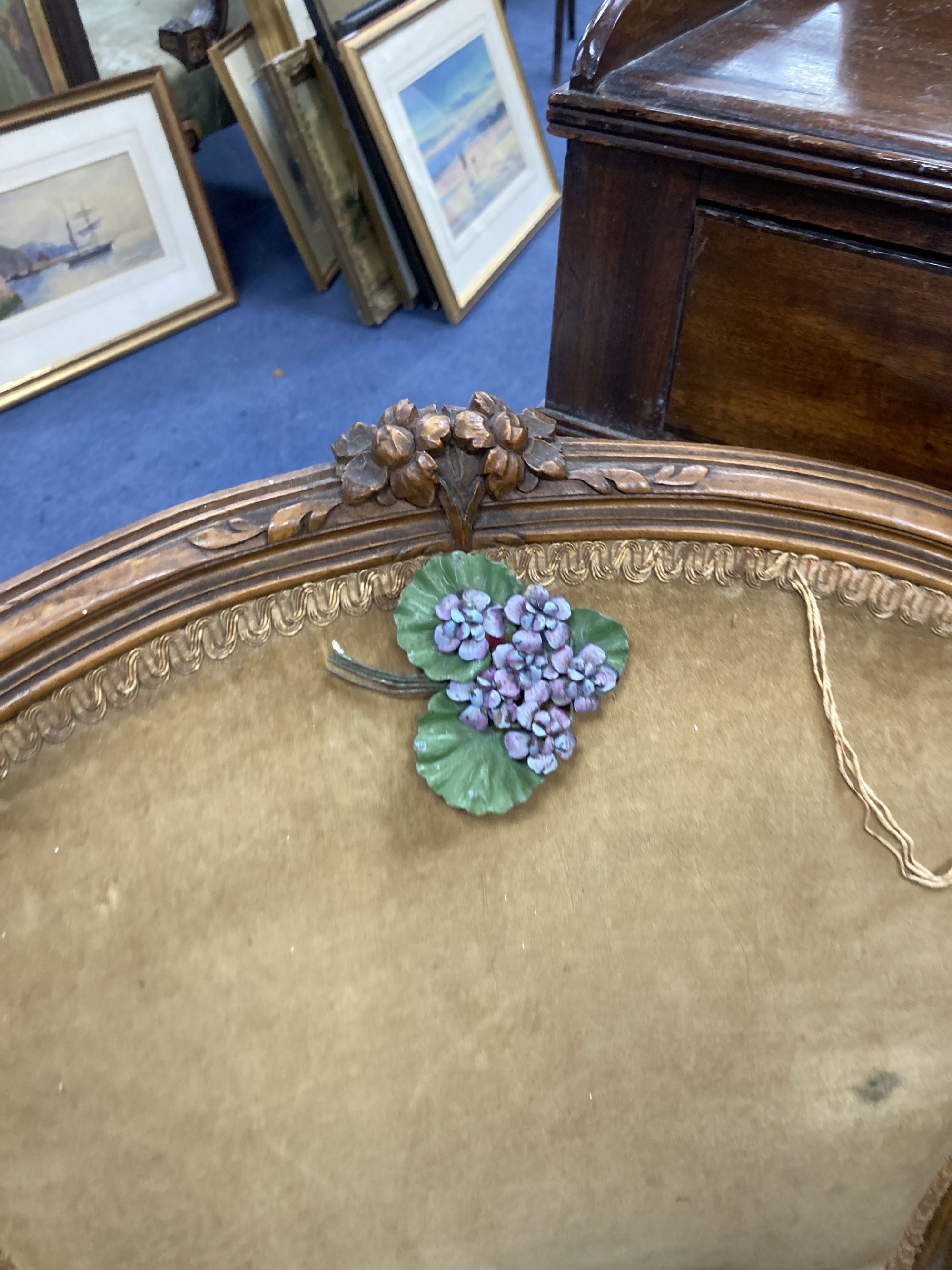 A Victorian mahogany dressing table, width 107cm, depth 58cm, height 80cm, together with a Louis XV style salon chair